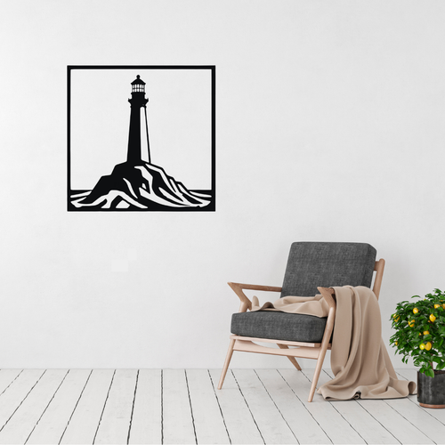 Beacon on the Rocks | Lighthouse Metal Wall Art displayed on a modern living room wall above a grey accent chair, featuring a coastal lighthouse standing atop rugged rocks in a minimalist square black metal design.