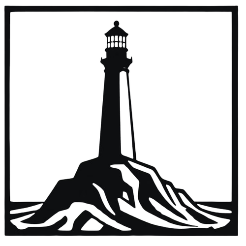 Beacon on the Rocks | Lighthouse Metal Wall Art featuring a detailed lighthouse perched on rocky cliffs inside a precision-cut square black metal frame, perfect for coastal, nautical, and modern home décor.