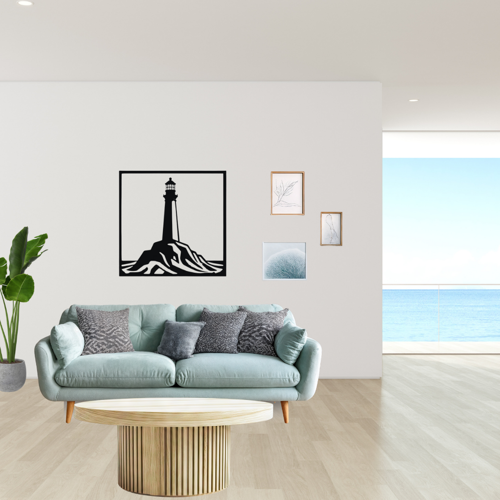 Beacon on the Rocks | Lighthouse Metal Wall Art showcased above a contemporary sofa in a bright coastal-inspired living room, adding elegant nautical charm and modern black metal wall décor.