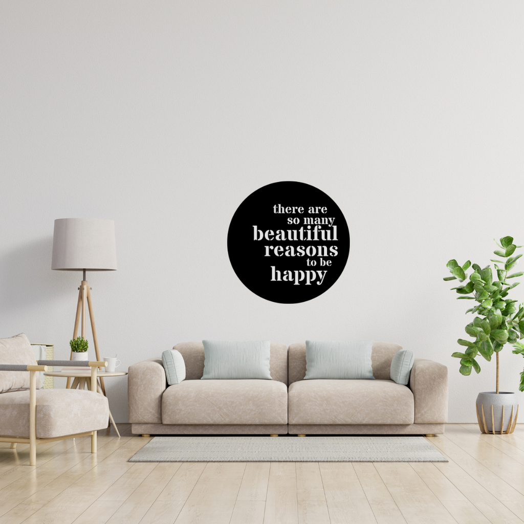 Beautiful Reasons inspirational metal wall art displayed above a contemporary sofa, creating a warm and uplifting focal point in a modern living room.