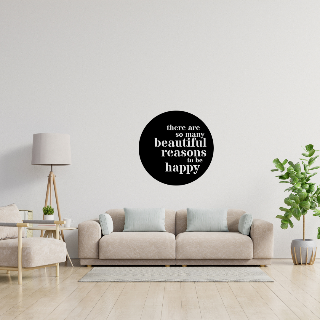 Beautiful Reasons inspirational metal wall art displayed above a contemporary sofa, creating a warm and uplifting focal point in a modern living room.
