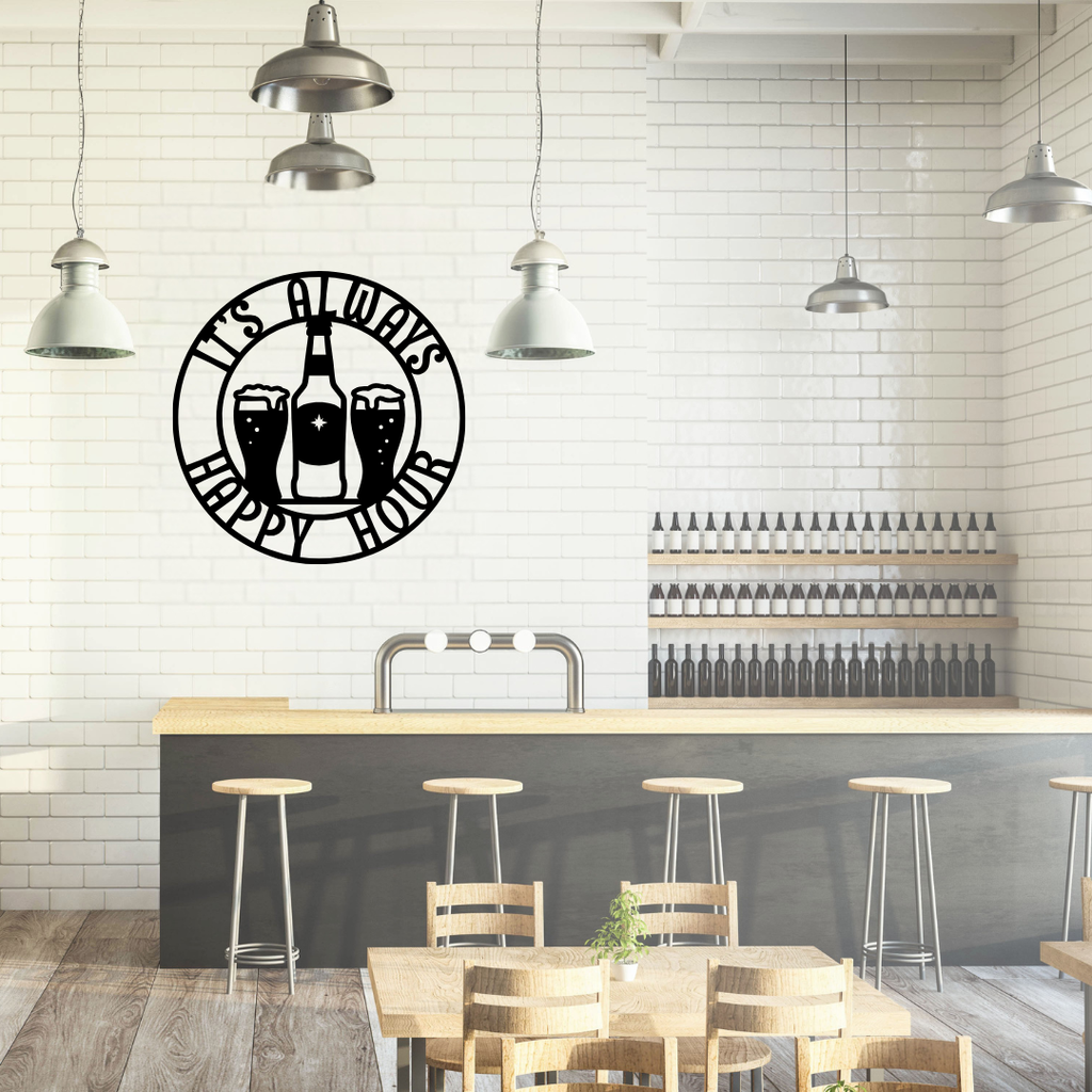 Beer Themed | It's Always Happy Hour Beer Metal Wall Art displayed in a modern home bar.
