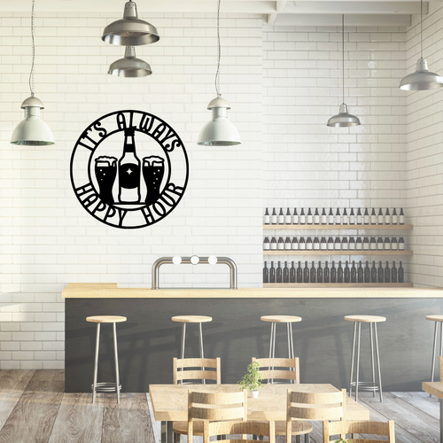 Beer Themed | It's Always Happy Hour Beer Metal Wall Art displayed in a modern home bar.