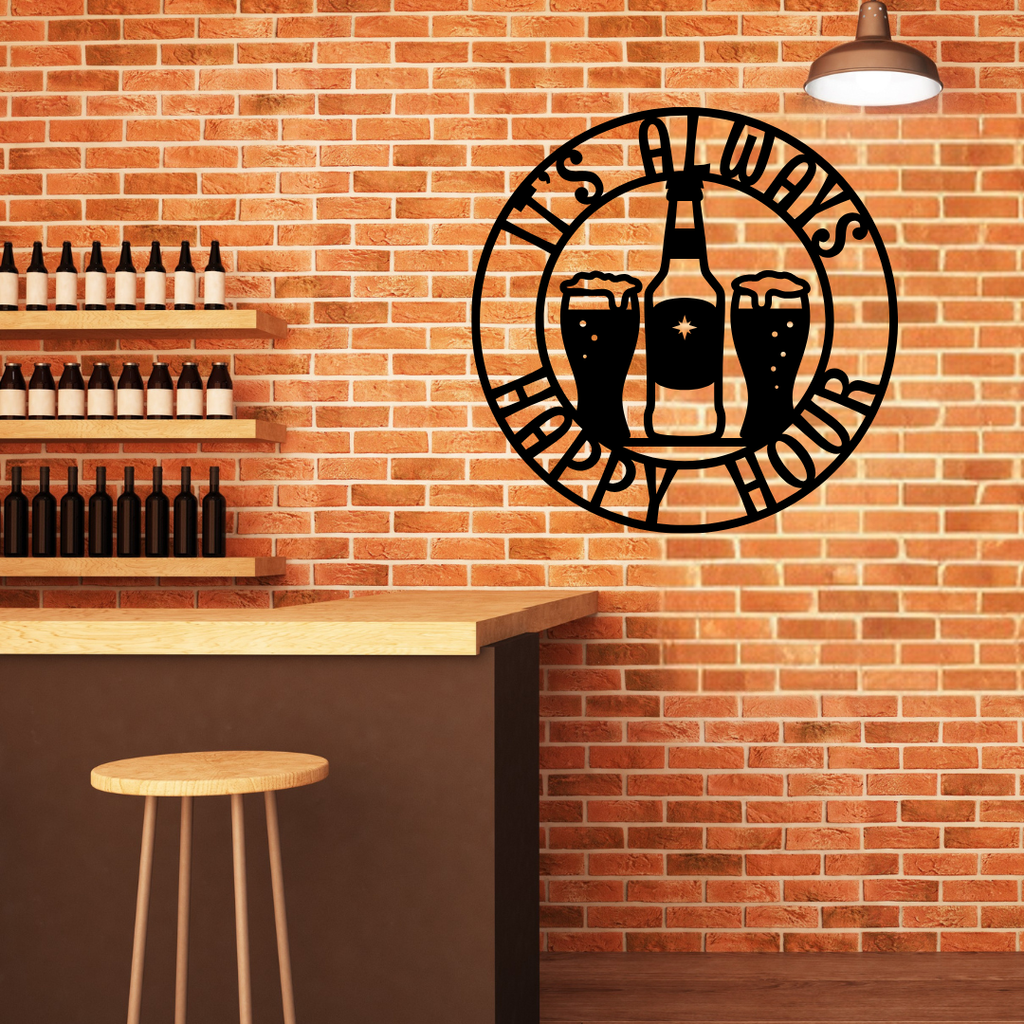 Beer Themed | It's Always Happy Hour Beer Metal Wall Art showcased on an exposed brick wall above a bar.