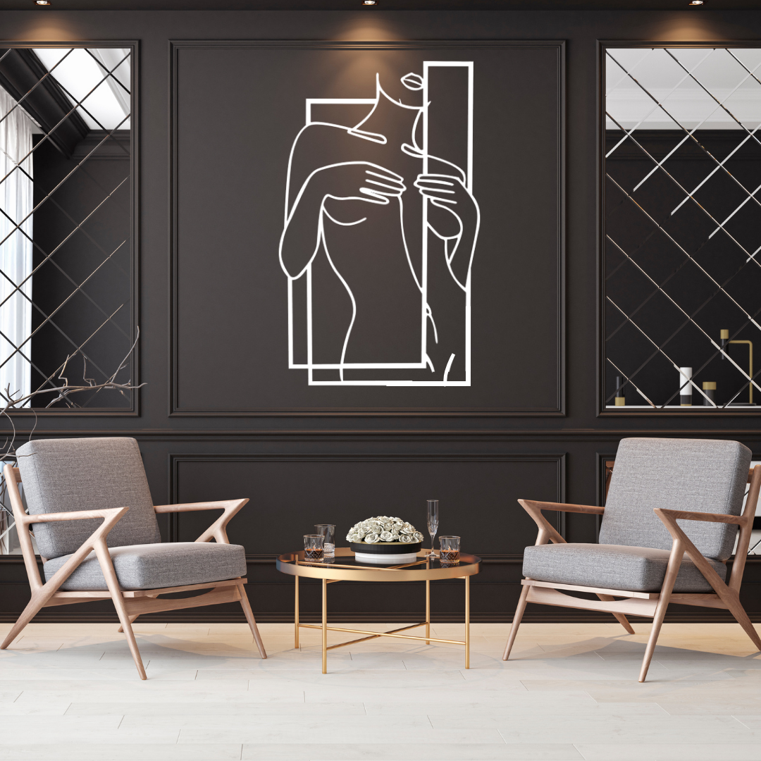 Female metal wall art as a bold statement piece in a luxury interior