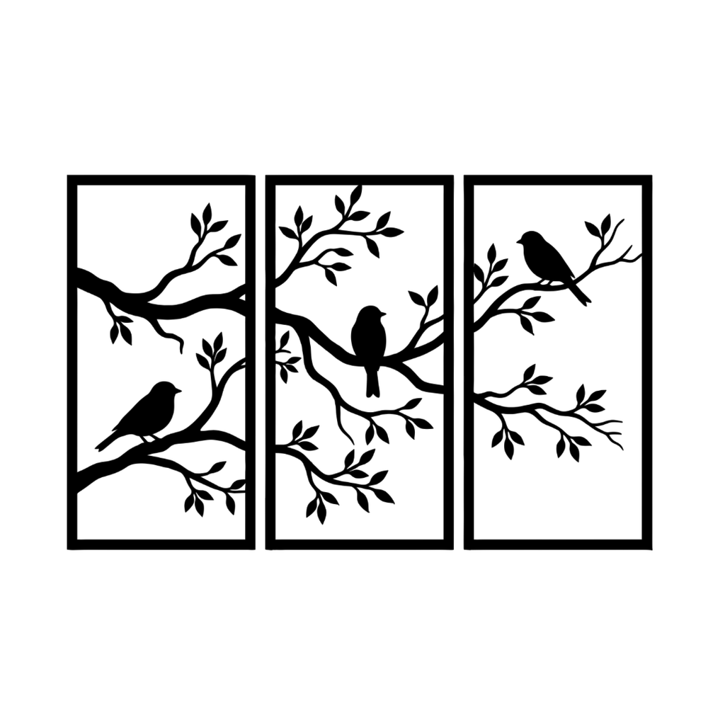 Birdsong Garden three panel birds and branches metal wall art on a white background