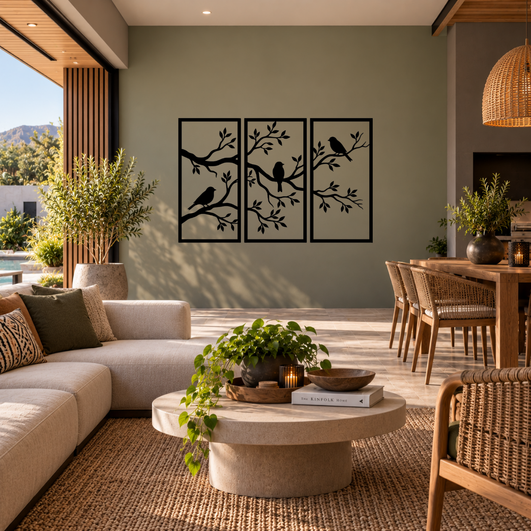 Birdsong Garden three panel birds and branches metal wall art displayed in a modern interior
