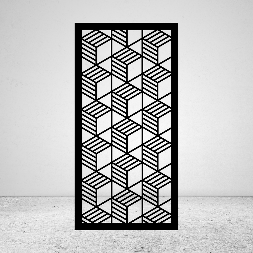 Blockscape 3D geometric metal privacy screen with repeating interlocking blocks and angled striped surfaces