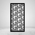 Blockscape 3D geometric metal privacy screen with repeating interlocking blocks and angled striped surfaces
