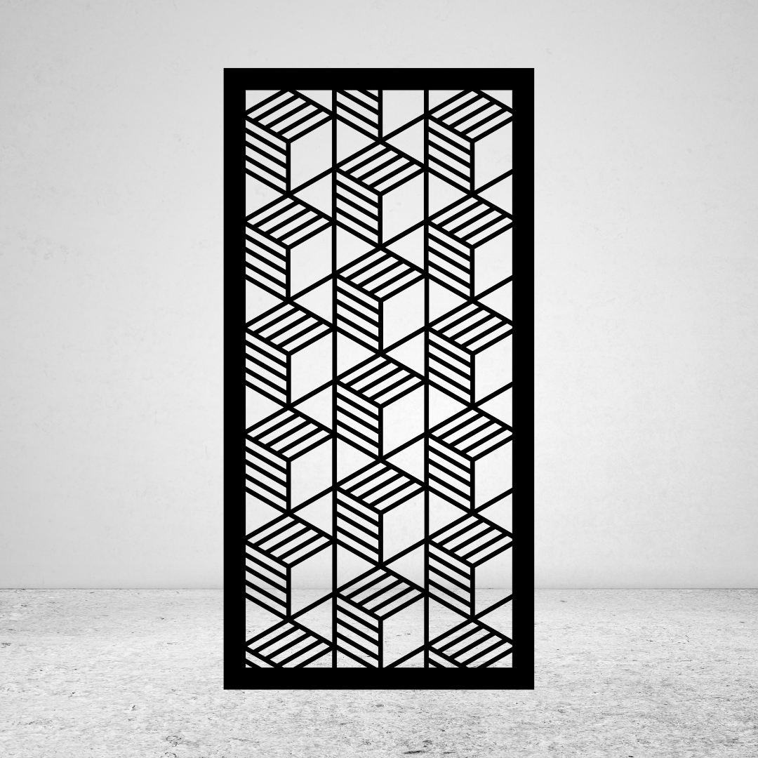 Blockscape 3D geometric metal privacy screen with repeating interlocking blocks and angled striped surfaces