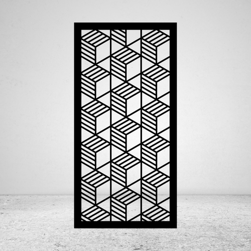 Blockscape 3D geometric metal privacy screen with repeating interlocking blocks and angled striped surfaces