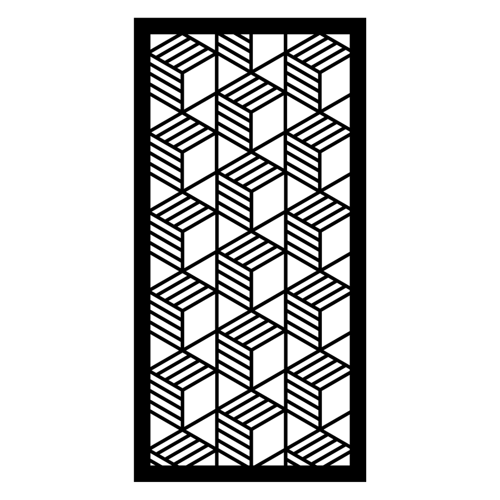 Blockscape decorative metal privacy panel isolated on a white background showing its three-dimensional cube pattern