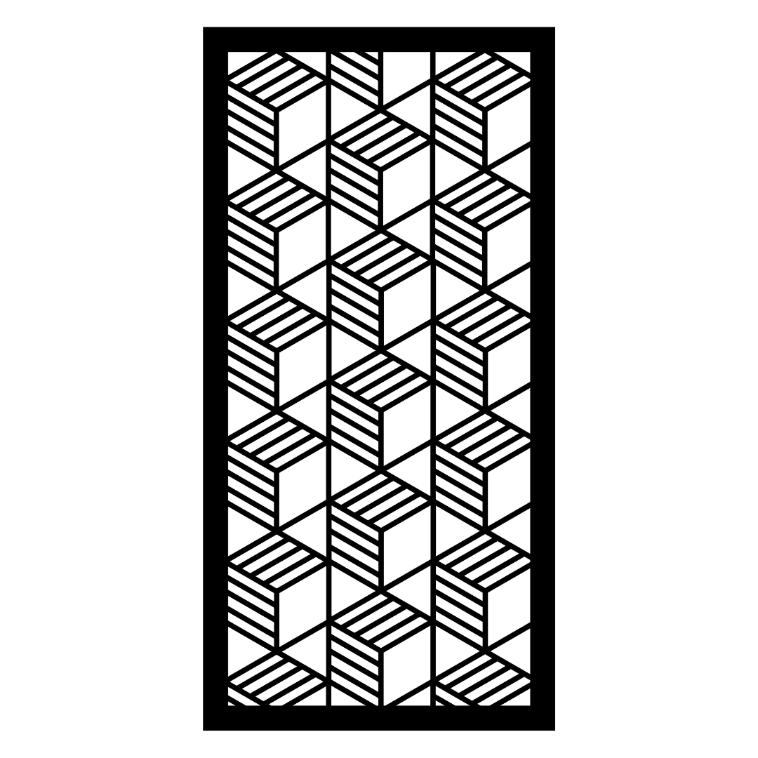 Blockscape decorative metal privacy panel isolated on a white background showing its three-dimensional cube pattern