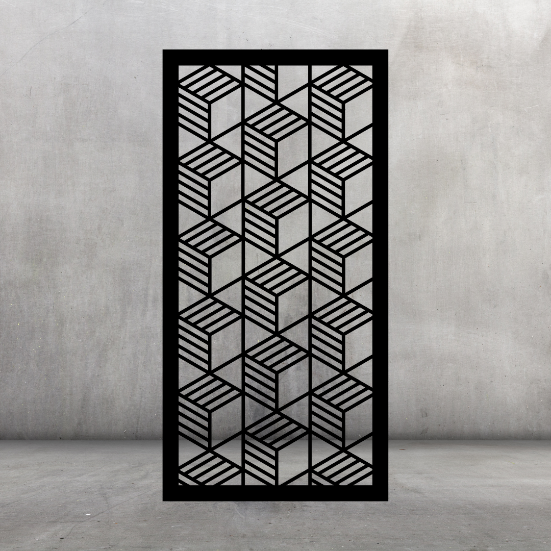 Blockscape contemporary metal privacy screen displayed against a dark grey wall with repeating 3D blocks and linear detailing