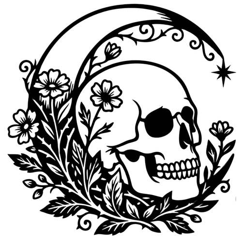 Bloom & Bone | Floral Skull Metal Wall Art showcasing a finely detailed skull framed by wildflowers, foliage and a decorative crescent moon with a hanging star.