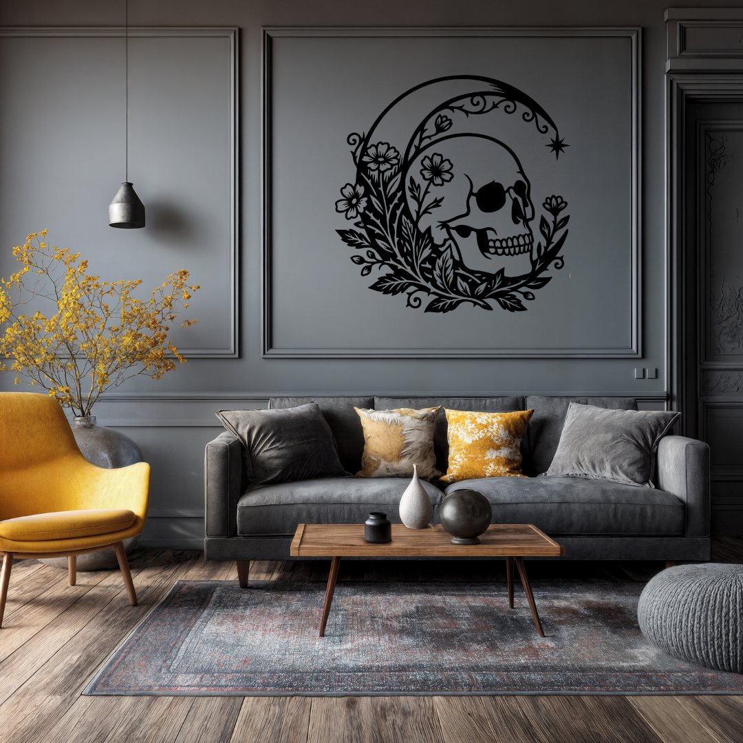 Bloom & Bone | Floral Skull Metal Wall Art featured in a sophisticated contemporary lounge, highlighting an artistic laser cut skull surrounded by flourishing flowers beneath an ornate crescent moon.