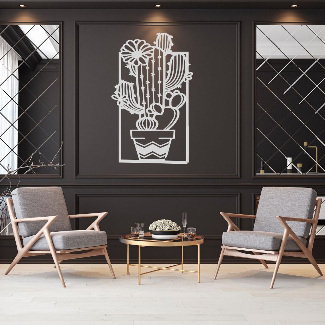 Flowering cactus metal wall art as a statement piece in a stylish luxury interior