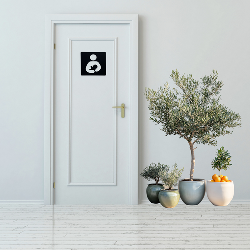 Breastfeeding Room Privacy Metal Sign displayed on a modern door, featuring a universally recognised breastfeeding icon.