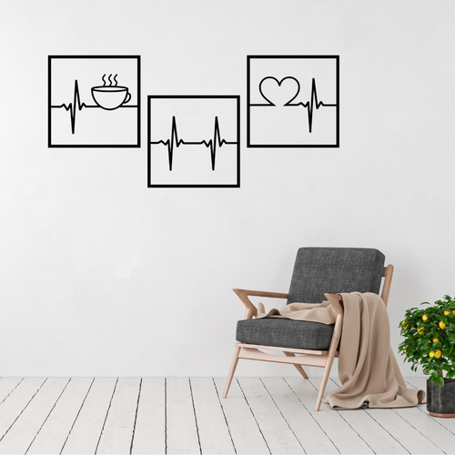 Brew. Beat. Love. | 3-Piece Heartbeat Metal Wall Art Set displayed in a modern living room.