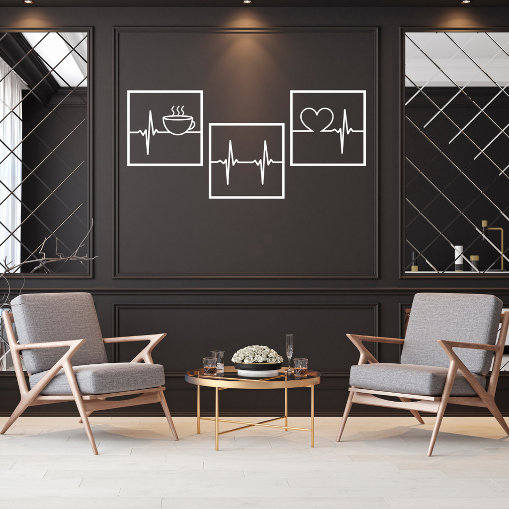 Brew. Beat. Love. | 3-Piece Heartbeat Metal Wall Art Set showcased in a luxurious contemporary interior.