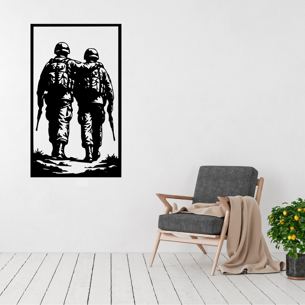 Brothers in Arms military soldiers metal wall art displayed above a contemporary chair in a stylish modern interior