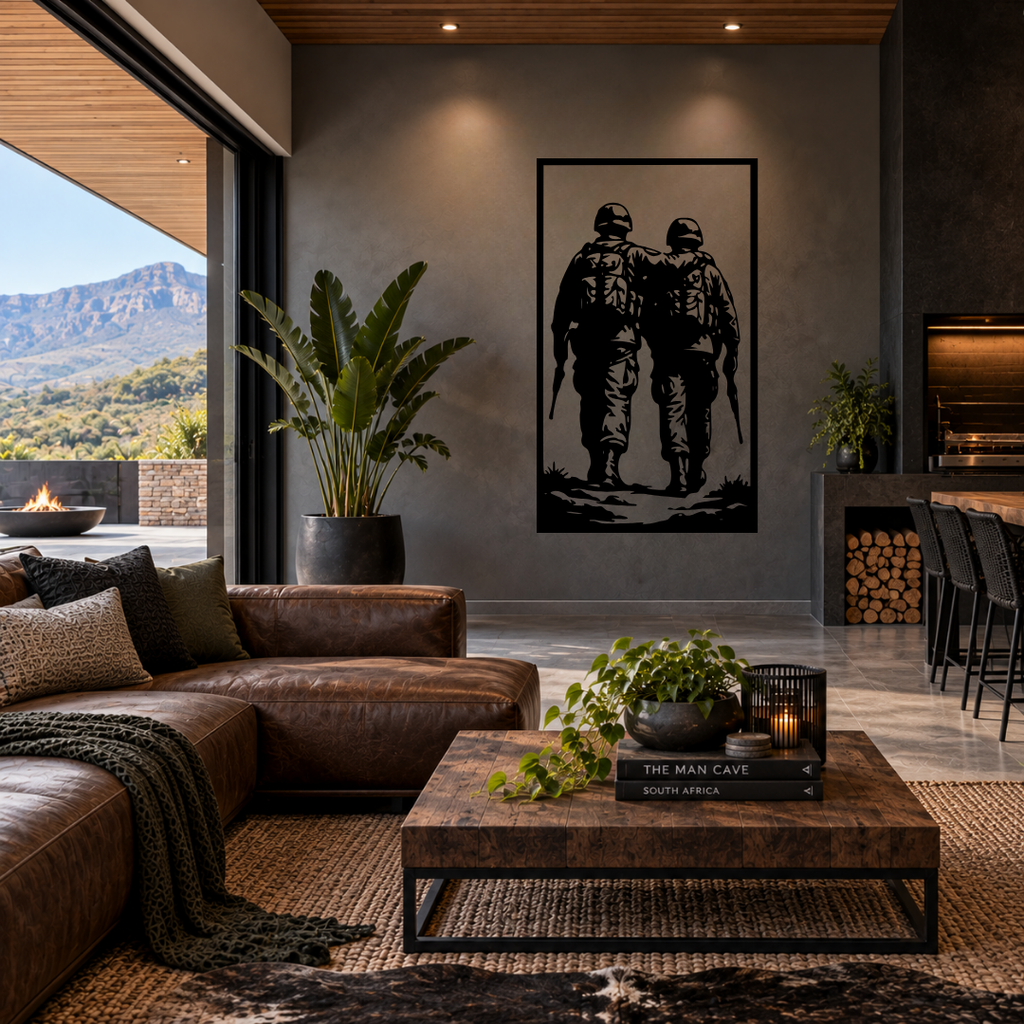 Brothers in Arms military soldiers metal wall art displayed in a modern room with contemporary military-inspired décor