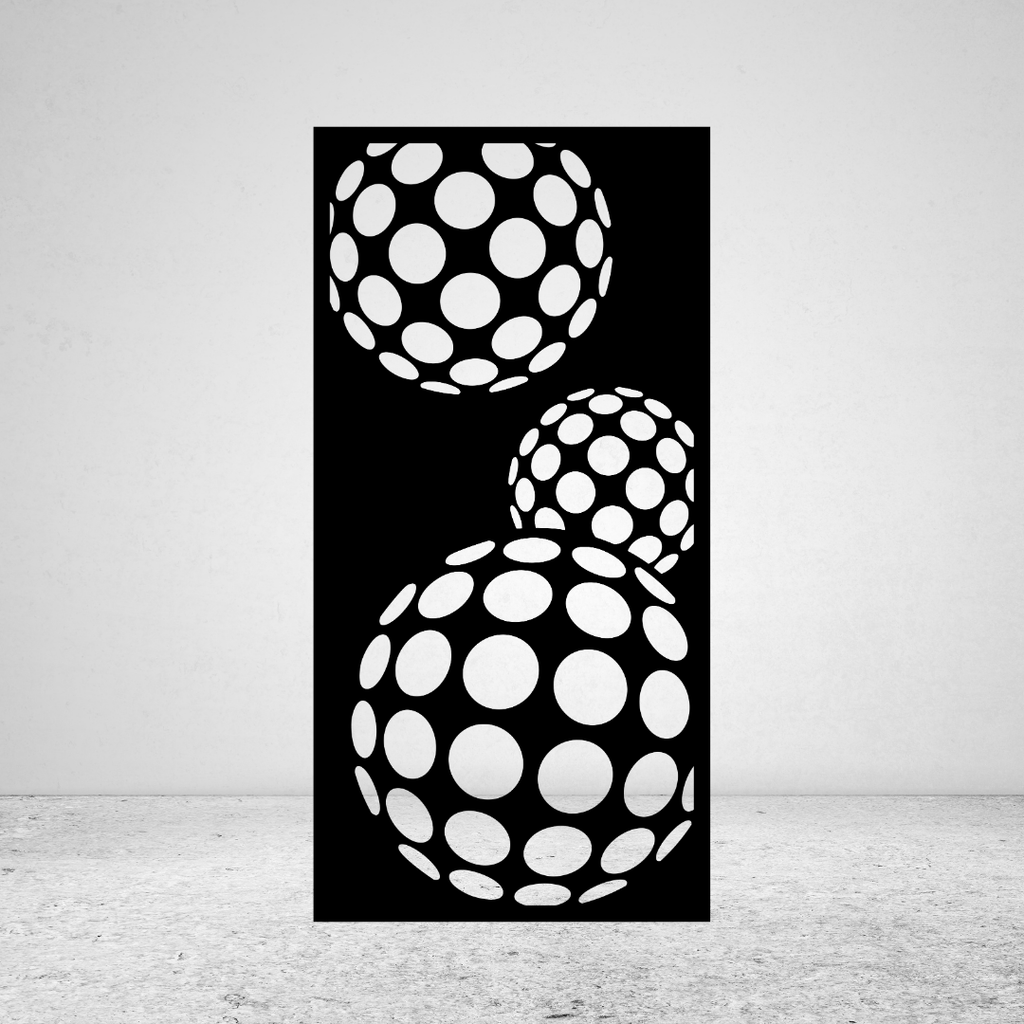 Bubble Flow organic metal privacy screen with flowing circular and oval cut-out pattern in varying sizes