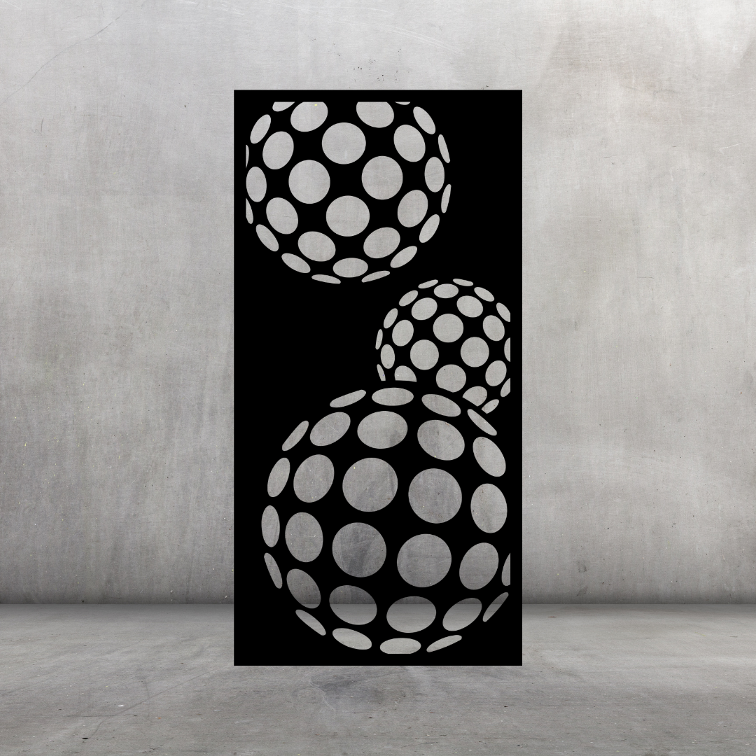 Bubble Flow modern metal privacy screen displayed against a dark grey wall with overlapping circular and oval pattern