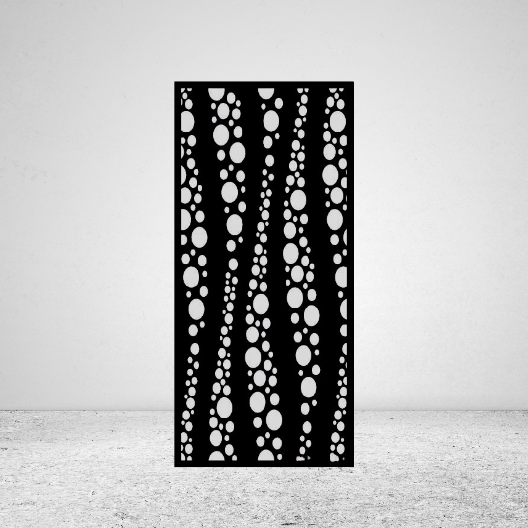 Bubble Rise playful metal privacy screen mounted against a light grey wall with floating bubble pattern