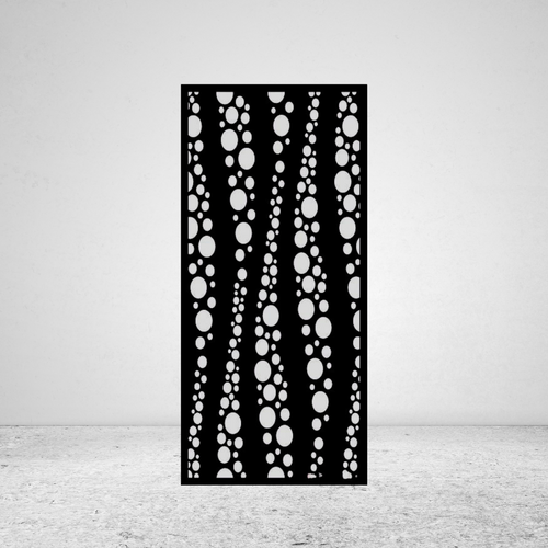 Bubble Rise playful metal privacy screen mounted against a light grey wall with floating bubble pattern