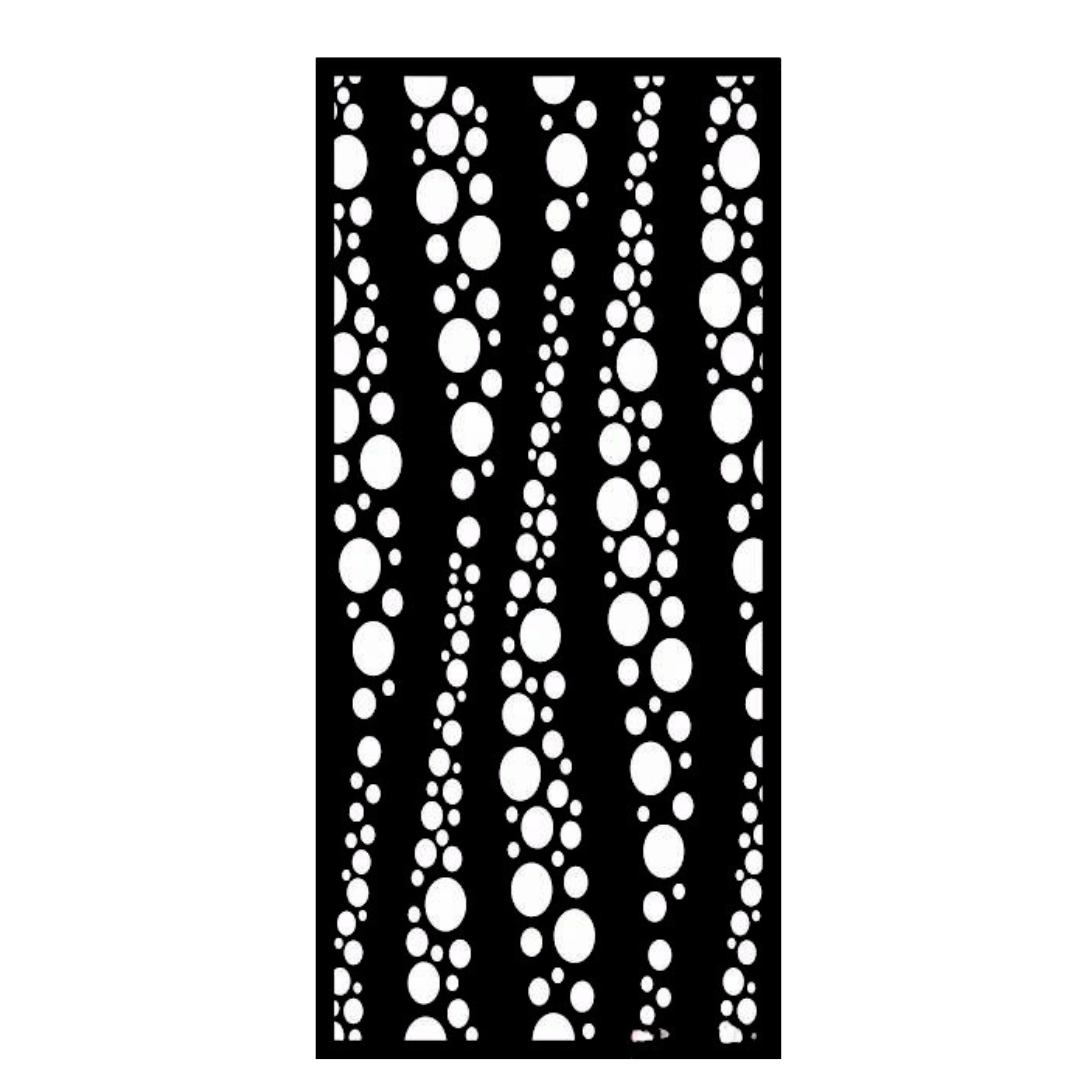 Bubble Rise decorative metal privacy panel on a white background featuring circular floating sphere cut-outs