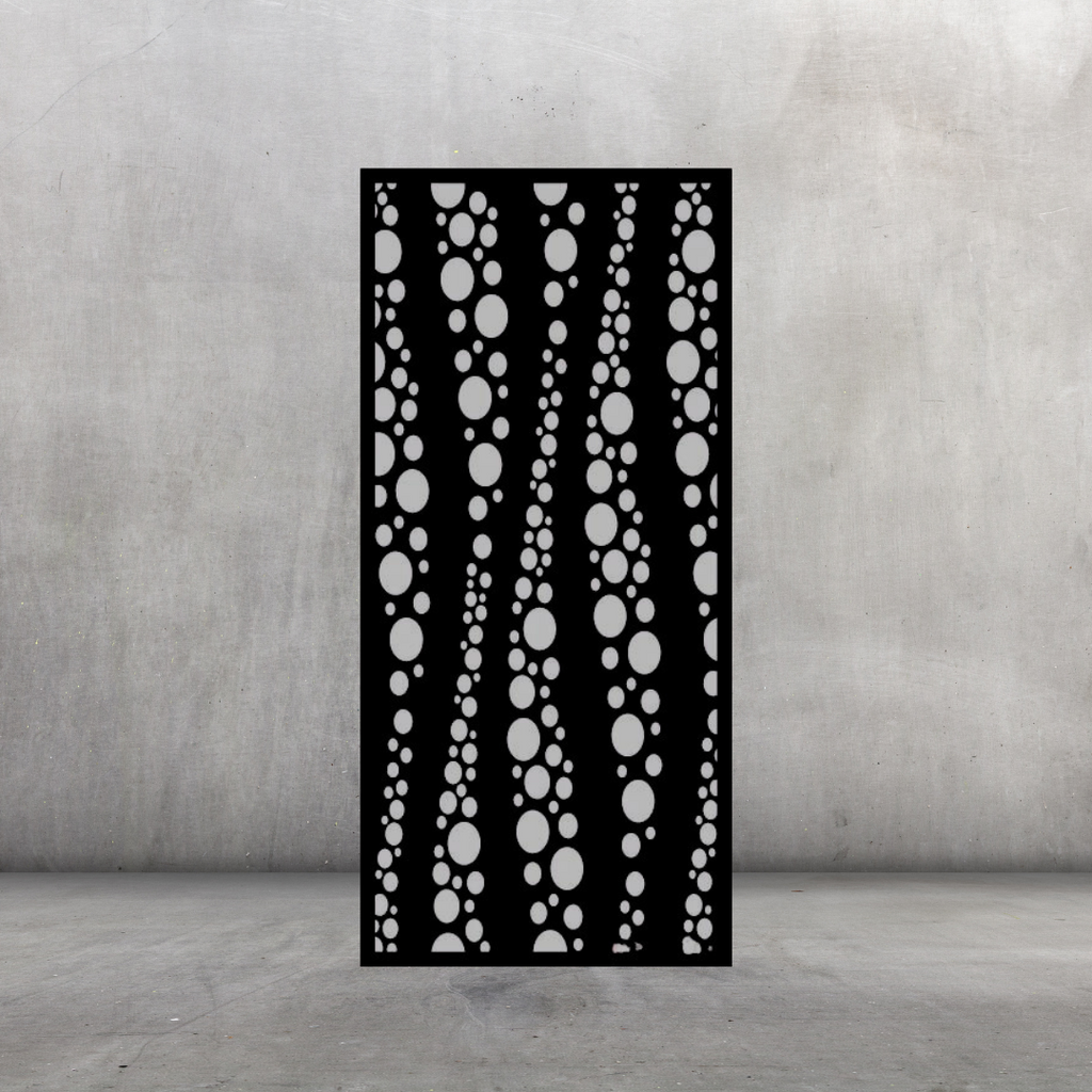 Bubble Rise modern metal privacy screen displayed against a dark grey wall with airy bubble-inspired design