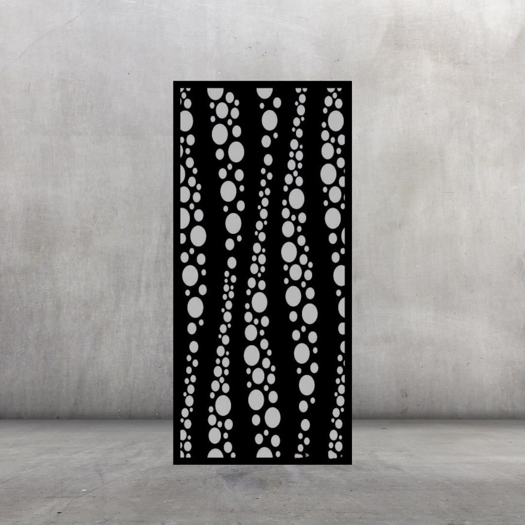 Bubble Rise modern metal privacy screen displayed against a dark grey wall with airy bubble-inspired design