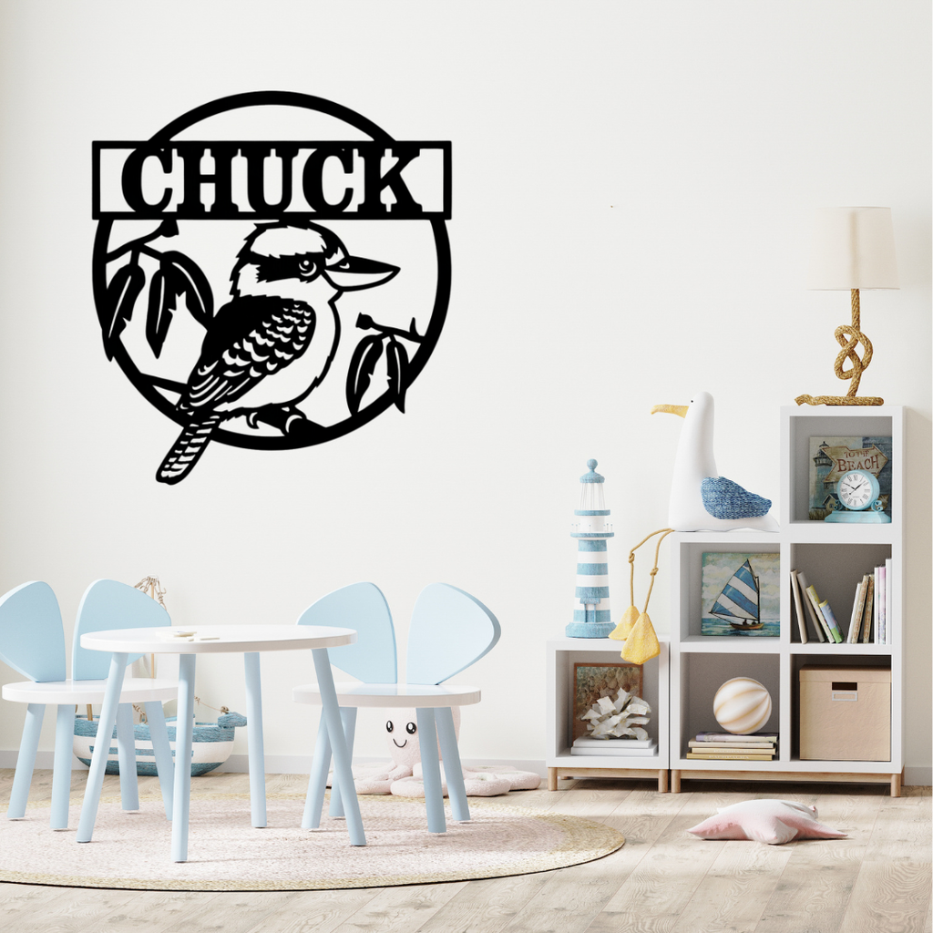 Kookaburra metal name sign styled in a wildlife-inspired kids bedroom