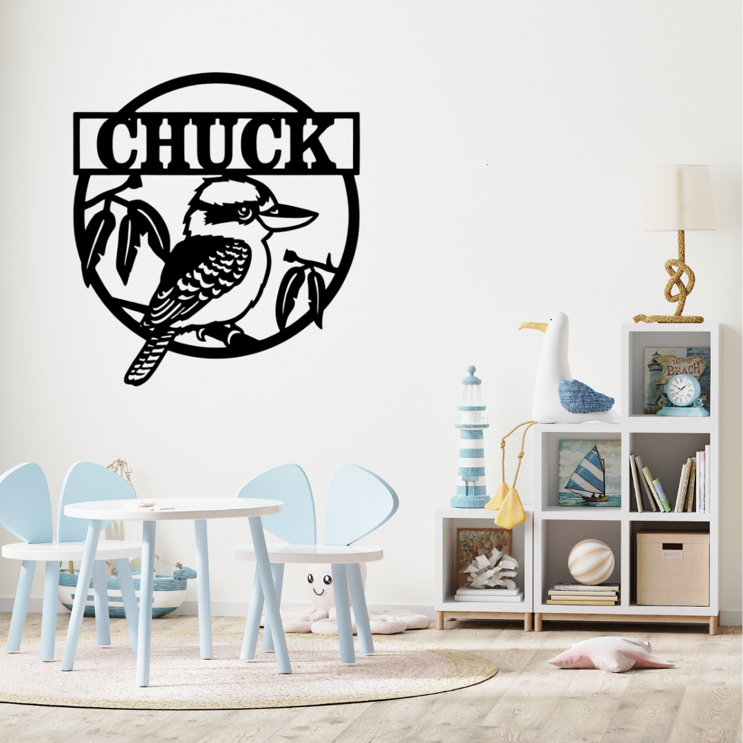 Kookaburra metal name sign styled in a wildlife-inspired kids bedroom