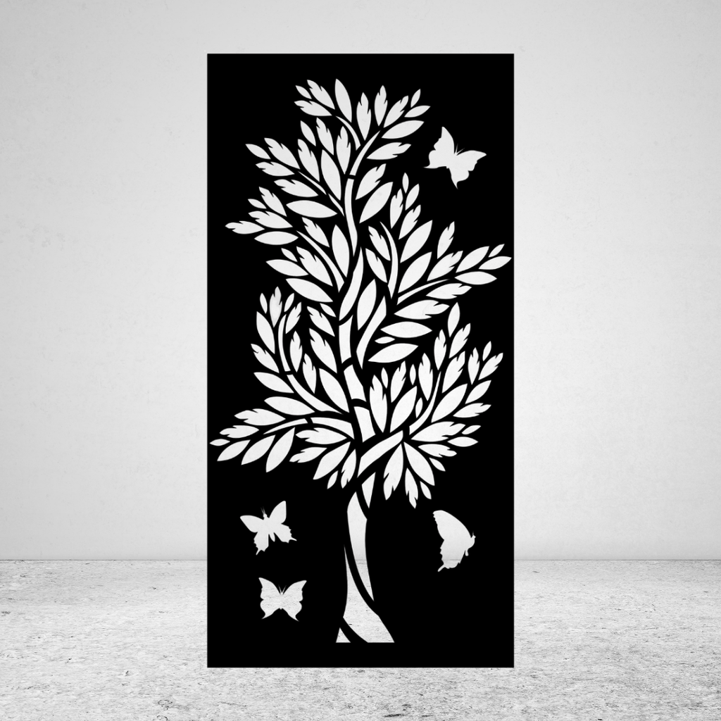 Butterfly Grove botanical metal privacy screen featuring a leafy tree with butterflies flying around the branches