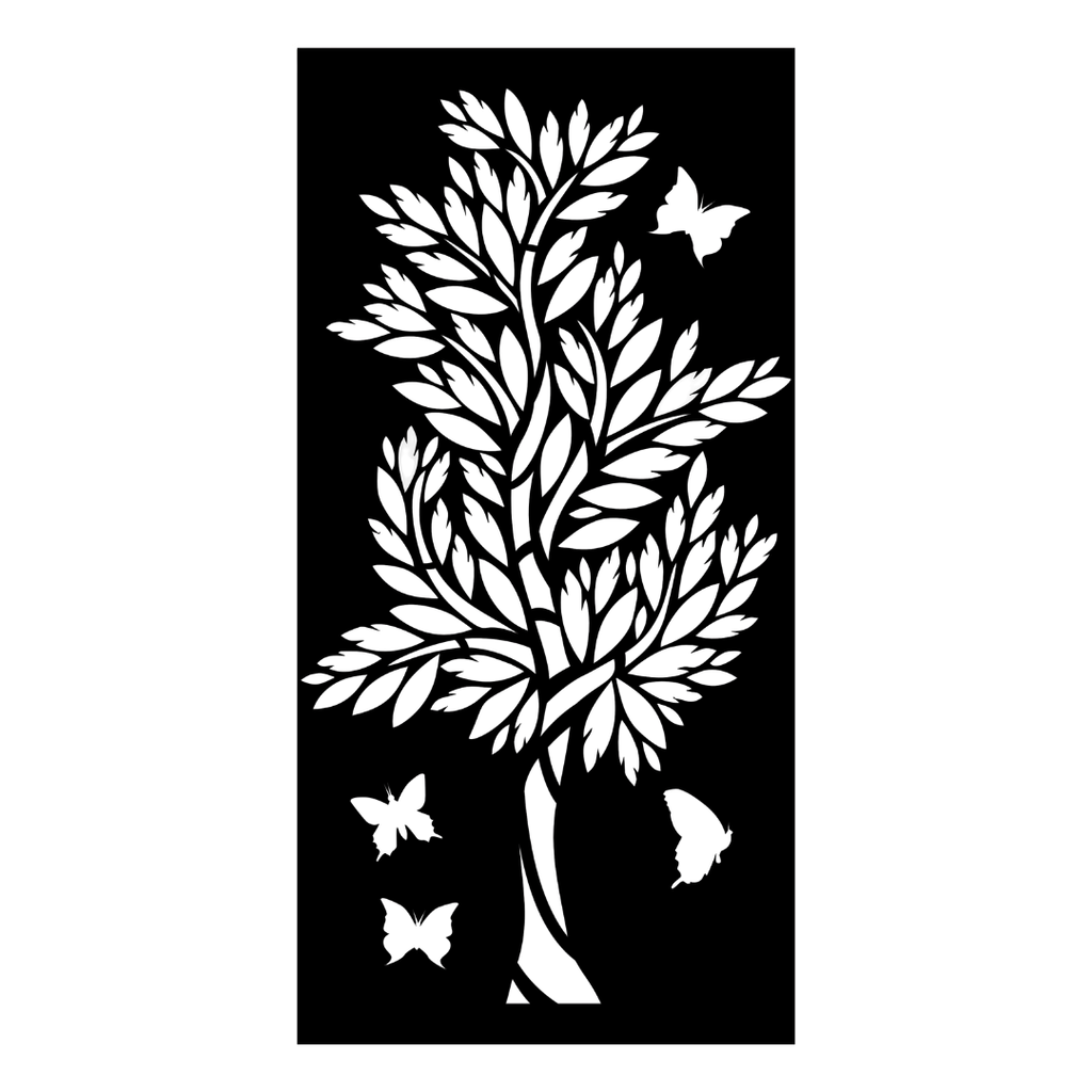 Butterfly Grove decorative metal privacy panel isolated on a white background showing tree branches, leaves and butterfly detailing