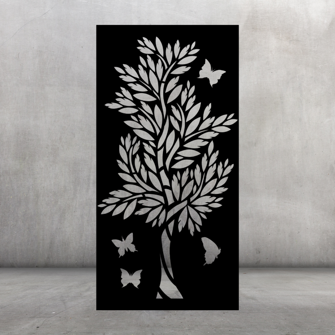 Butterfly Grove nature-inspired metal privacy screen displayed against a dark grey wall with tree and butterfly pattern