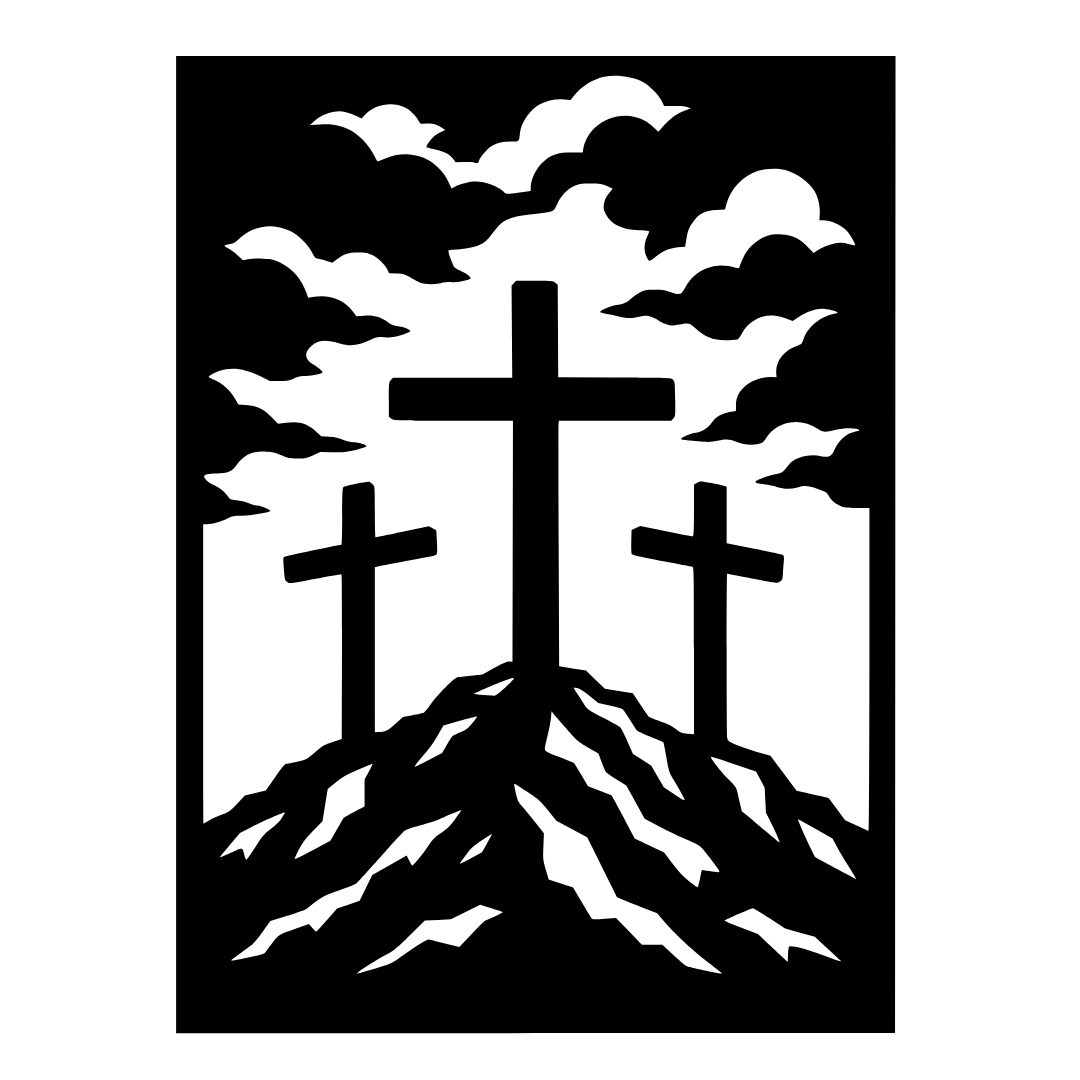 Calvary three crosses metal wall art isolated on a white background showing three crosses on a hill beneath a dramatic sky