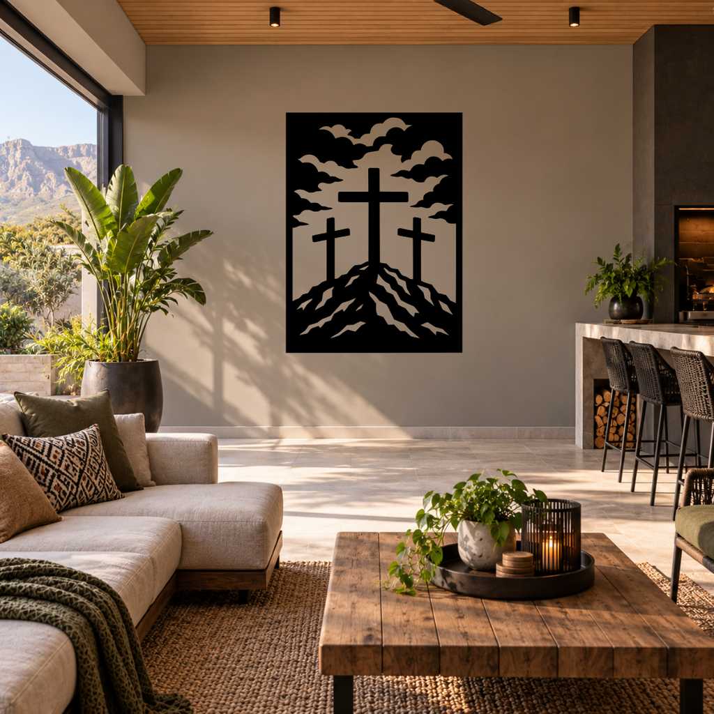 Calvary three crosses metal wall art displayed in a modern prayer room with contemporary interior décor