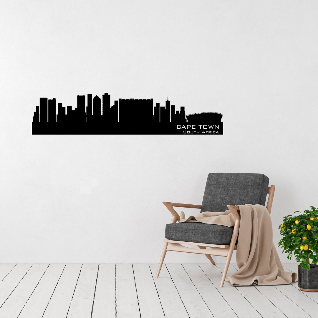 Cape Town South Africa skyline metal wall art featuring the cityscape and stadium displayed above a contemporary chair