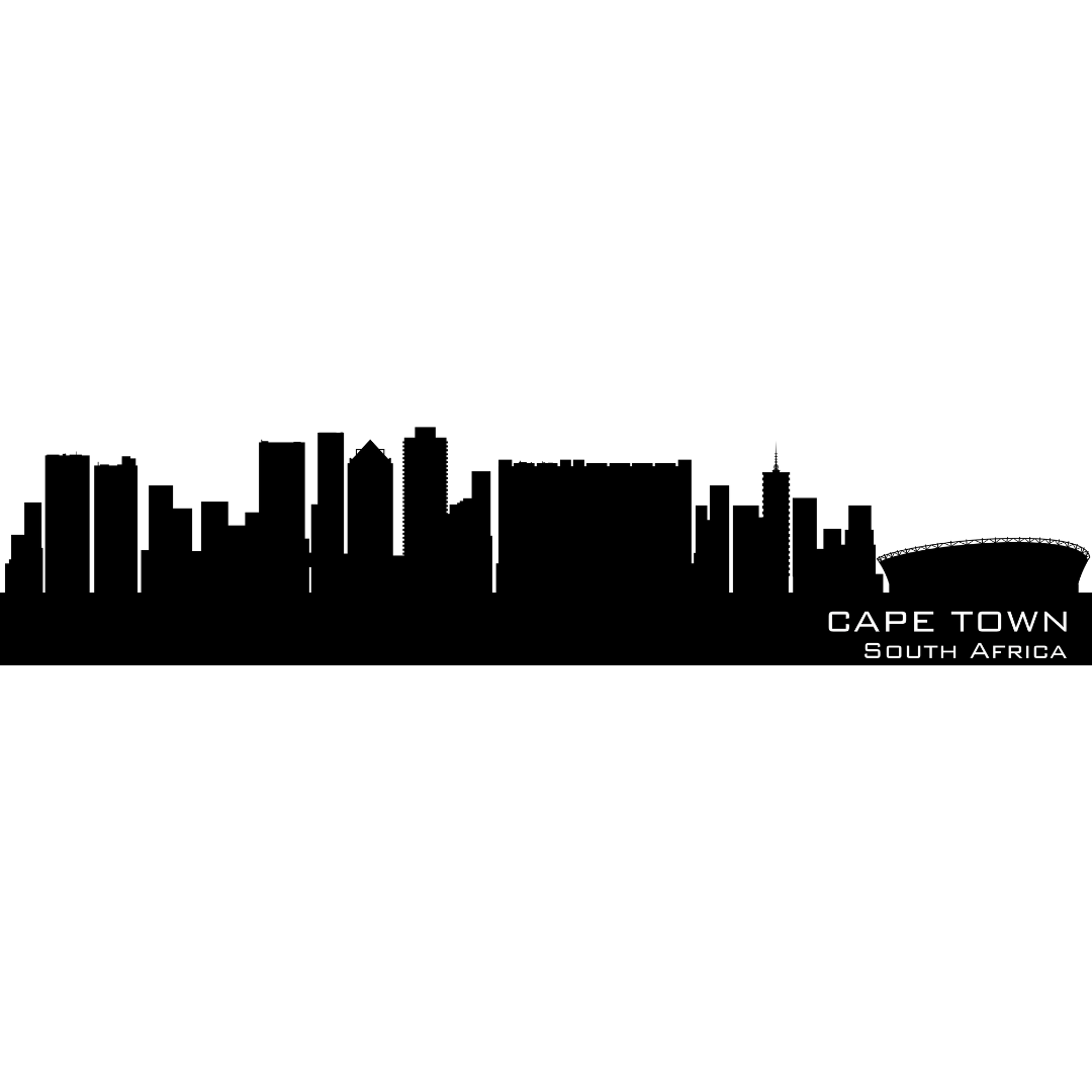 Cape Town South Africa city skyline silhouette metal wall art with stadium on white background