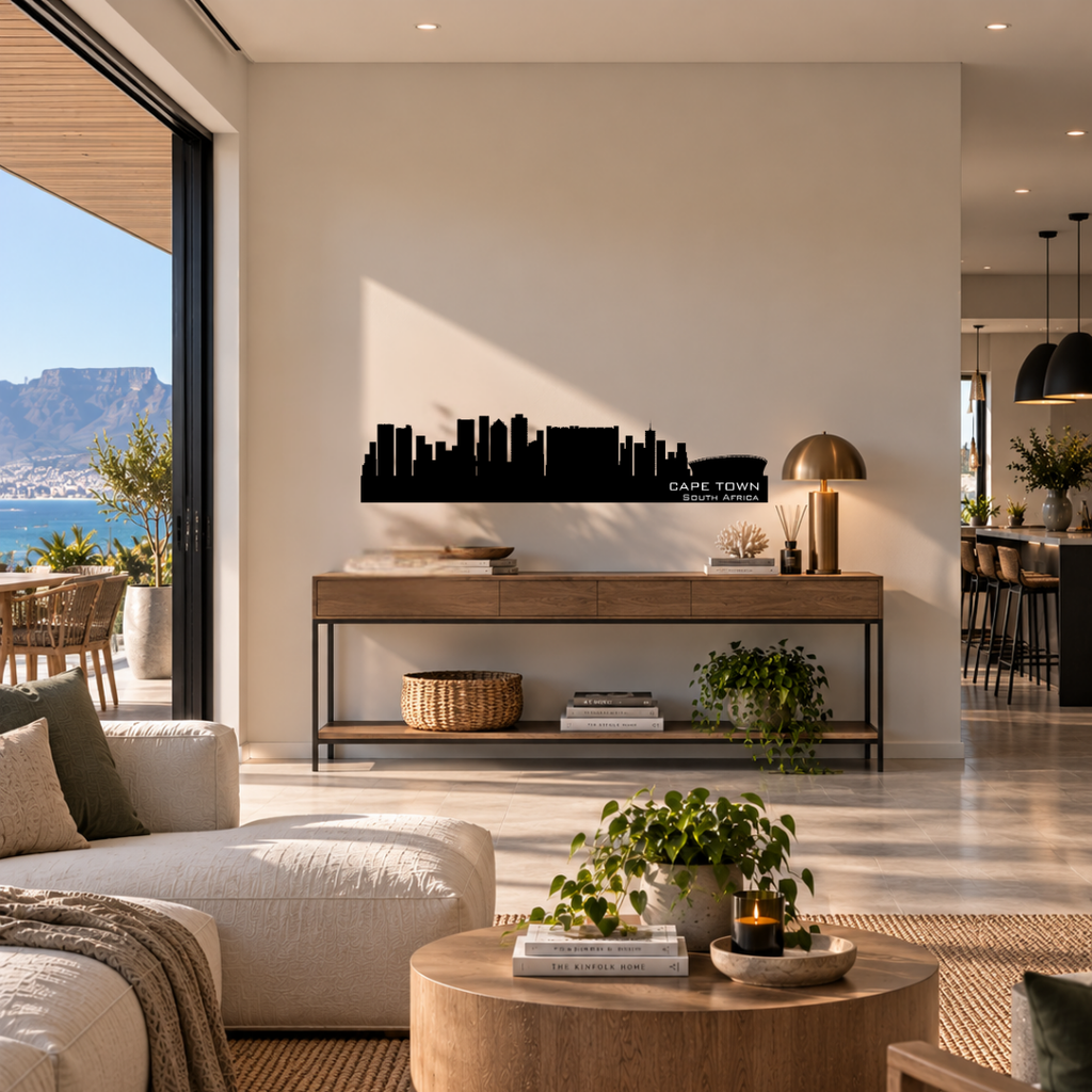 Cape Town South Africa skyline metal wall art featuring the cityscape and stadium displayed in a modern interior