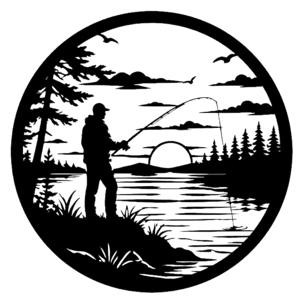 Last Cast | Angler Sunset Metal Wall Art featuring a silhouette of an angler fishing beside a tranquil lake at sunset with pine forests, birds and calm water, precision laser cut from premium black metal for fishing cabins, lodges and outdoor-inspired interiors.