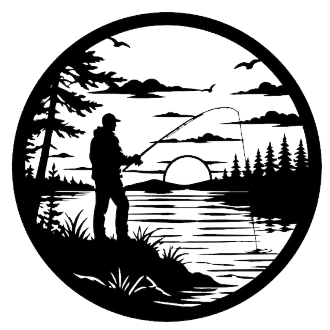 Last Cast | Angler Sunset Metal Wall Art featuring a silhouette of an angler fishing beside a tranquil lake at sunset with pine forests, birds and calm water, precision laser cut from premium black metal for fishing cabins, lodges and outdoor-inspired interiors.