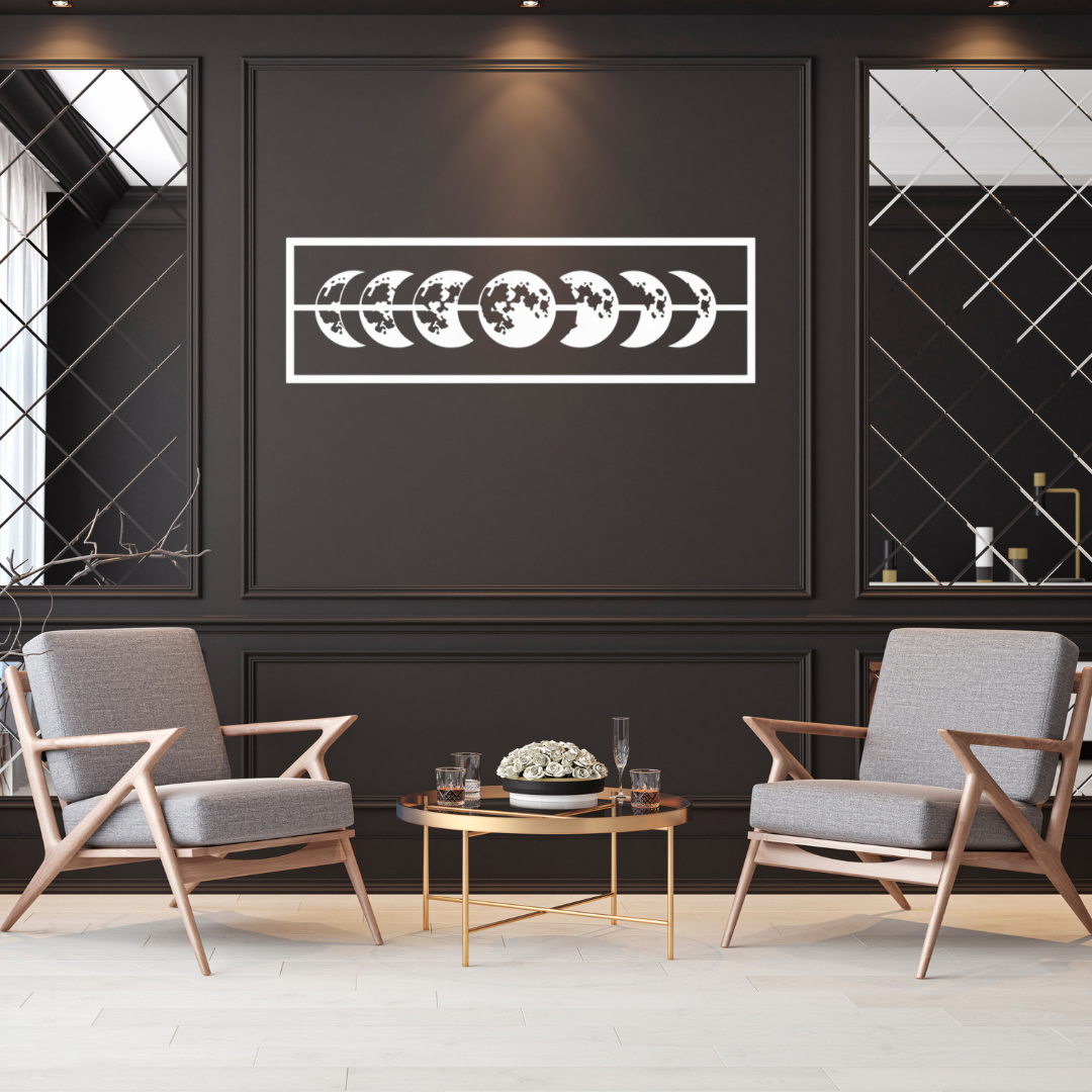 Celestial Journey | Moon Phase Metal Wall Art mounted in a sophisticated modern interior.