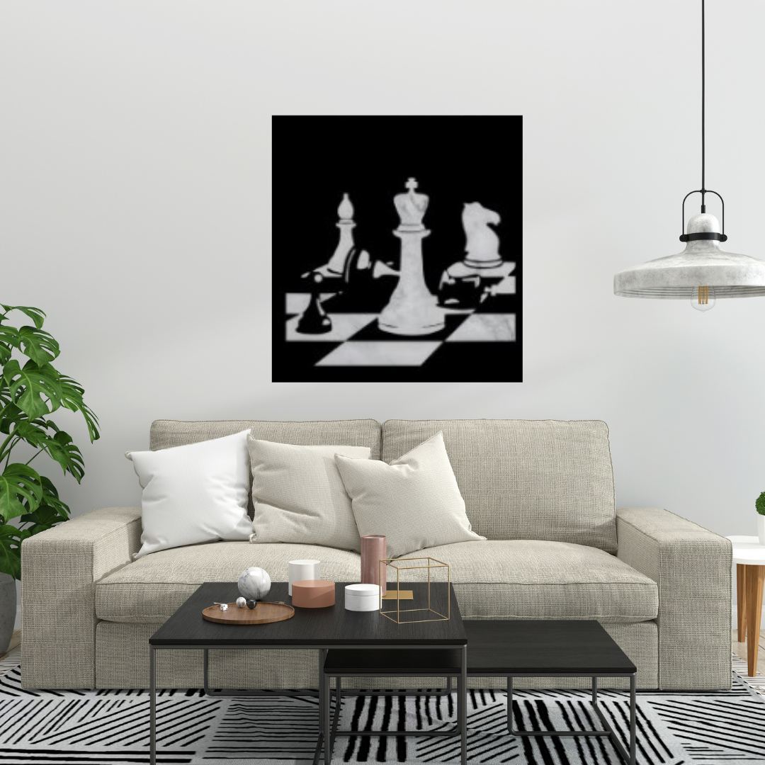 Checkmate | Chess Strategy Metal Wall Art mounted above a contemporary sofa in a stylish living room.