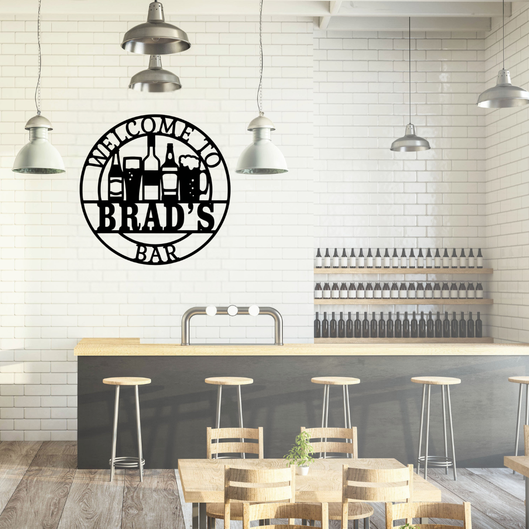 Home bar metal wall art displayed in a stylish entertainment area