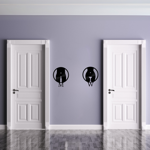 Cheers & Chardonnay | Men's & Women's Bathroom Metal Sign Set displayed between modern restroom doors, featuring minimalist male and female silhouettes with beer bottle and wine glass icons.