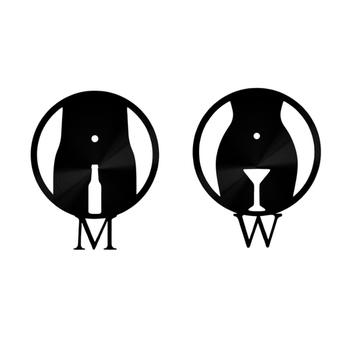 Cheers & Chardonnay | Men's & Women's Bathroom Metal Sign Set featuring contemporary circular male and female restroom symbols with beer bottle and wine glass cut-out details.